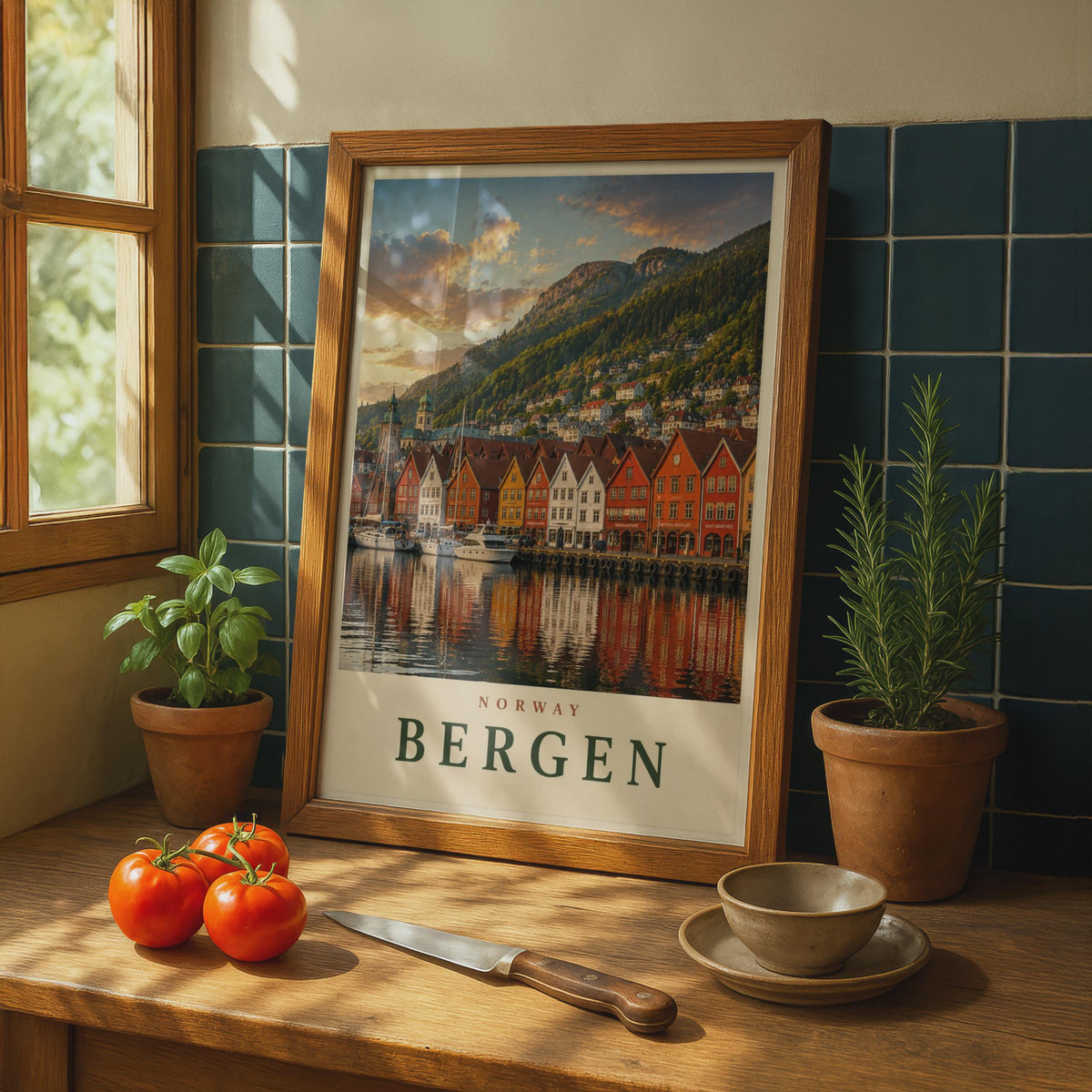 Bergen Norway Travel Poster, Bryggen Wharf Wall Art, Scandinavian Home Decor Print