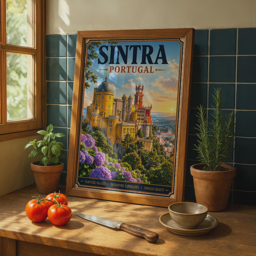 Sintra Portugal Travel Poster, Pena Palace Wall Art, Vintage Style Portuguese Castle Print