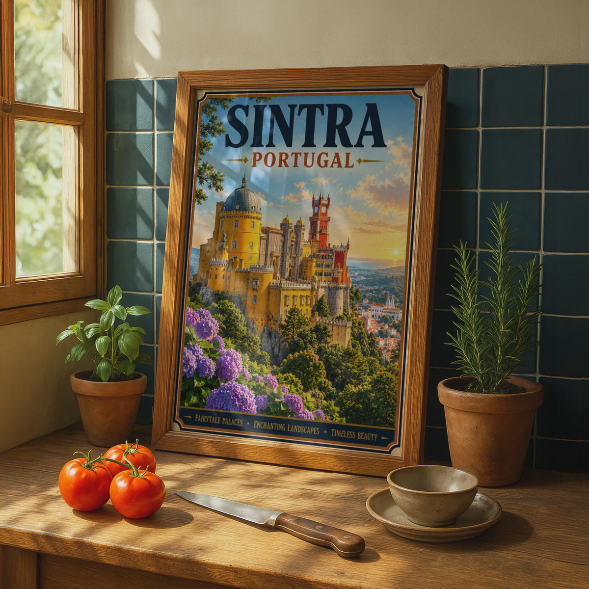 Sintra Portugal Travel Poster, Pena Palace Wall Art, Vintage Style Portuguese Castle Print