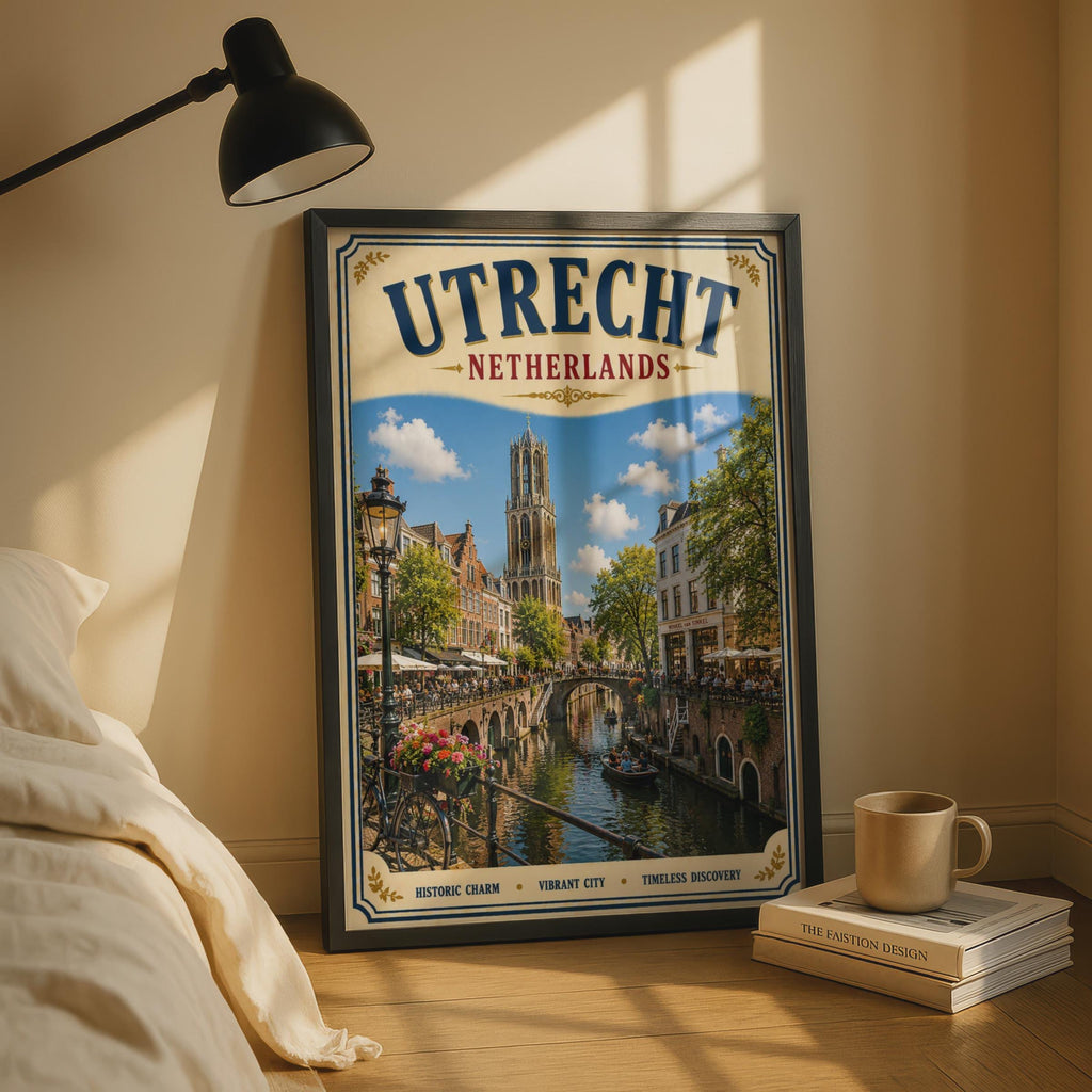 Utrecht Netherlands Travel Poster, Vintage Dutch Canal Wall Art, Holland City Print