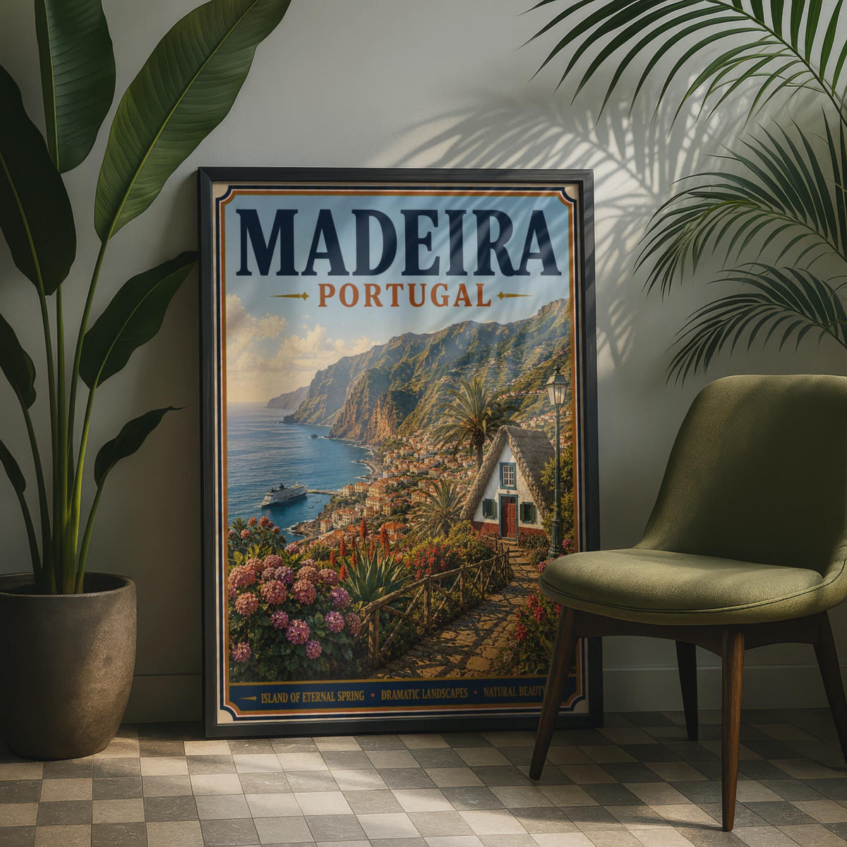 Madeira Portugal Travel Poster, Vintage Style Island Wall Art, Retro Coastal Print