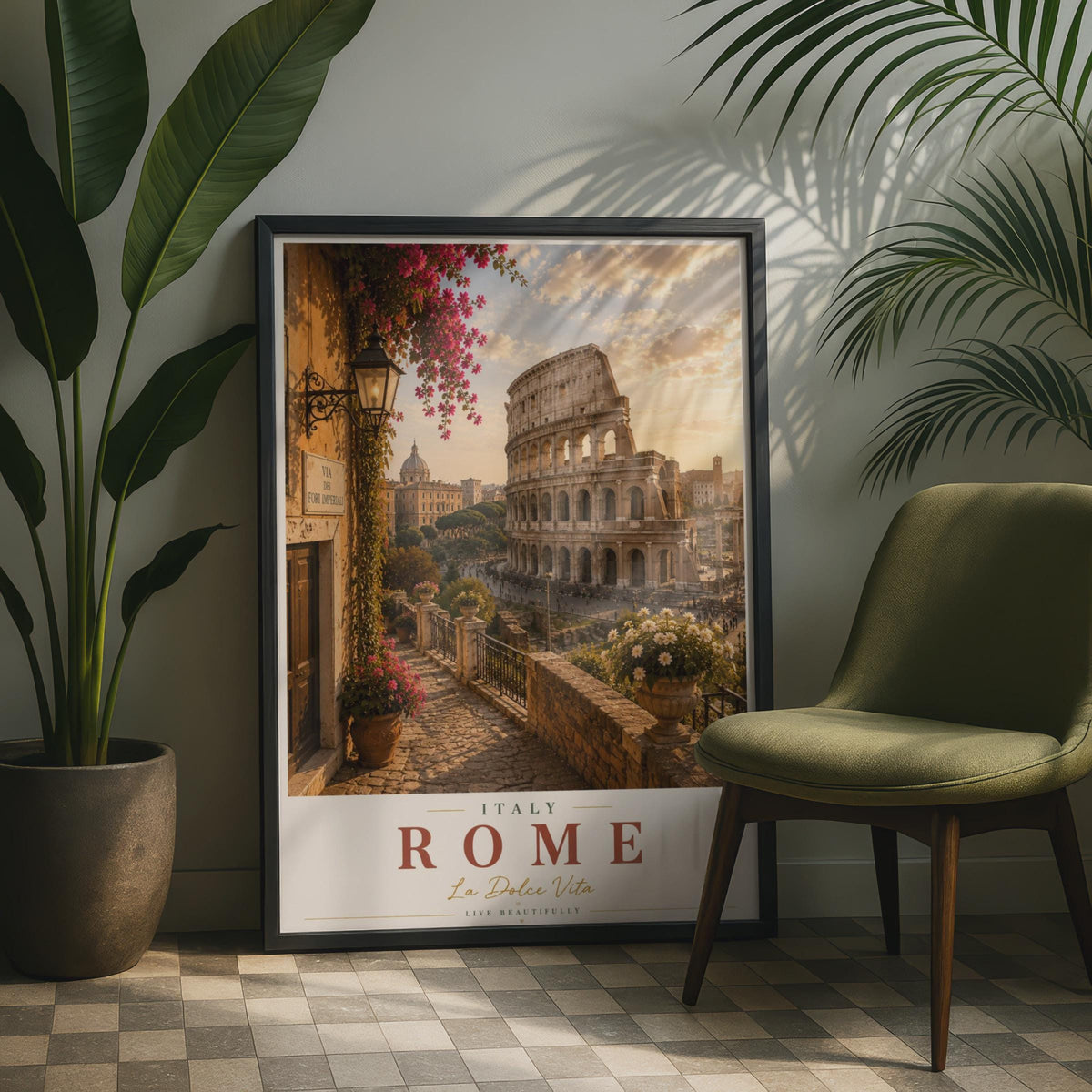 Rome Italy Travel Poster, Colosseum Wall Art, La Dolce Vita, Italian City Print