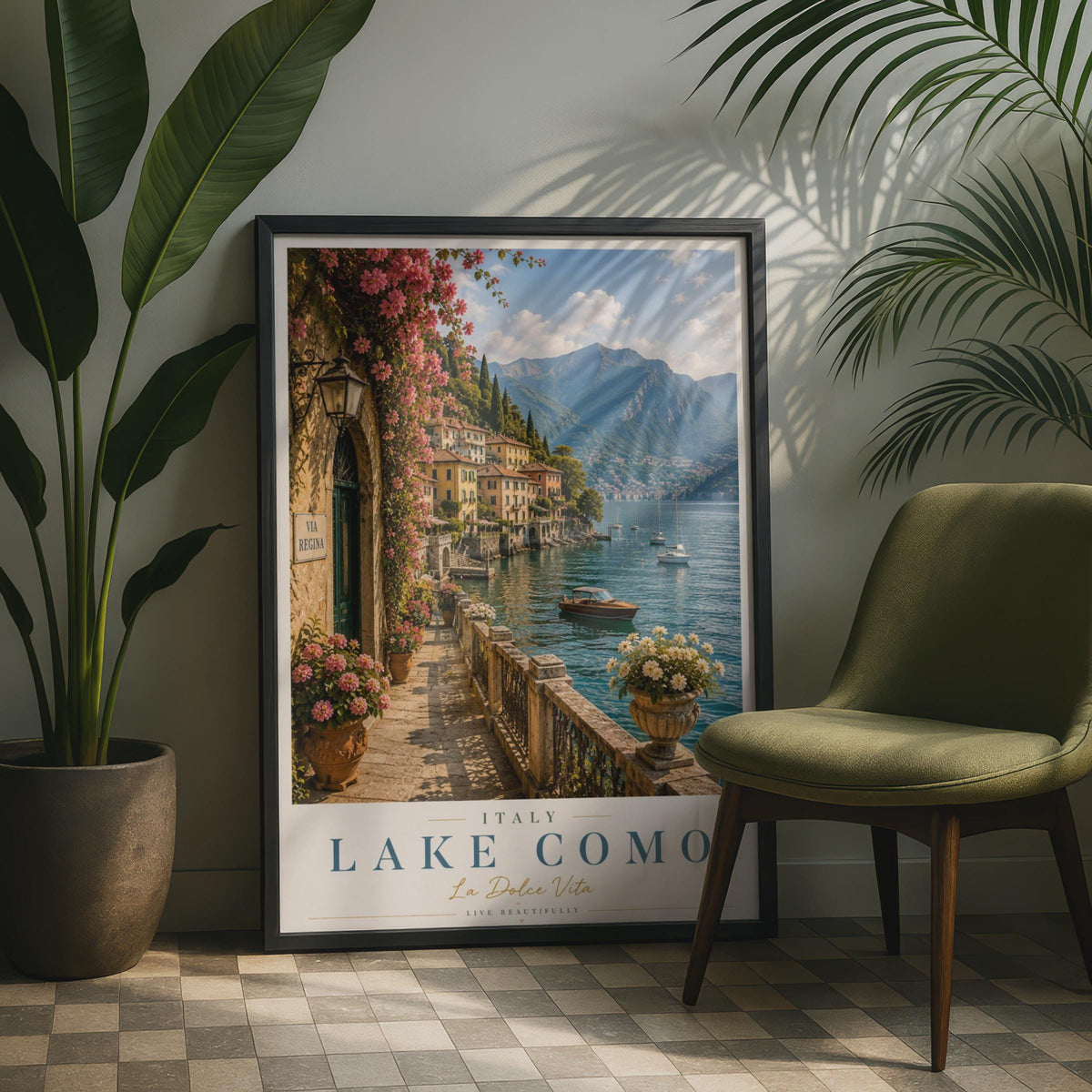 Lake Como Italy Travel Poster, La Dolce Vita Italian Lake Wall Art, Via Regina