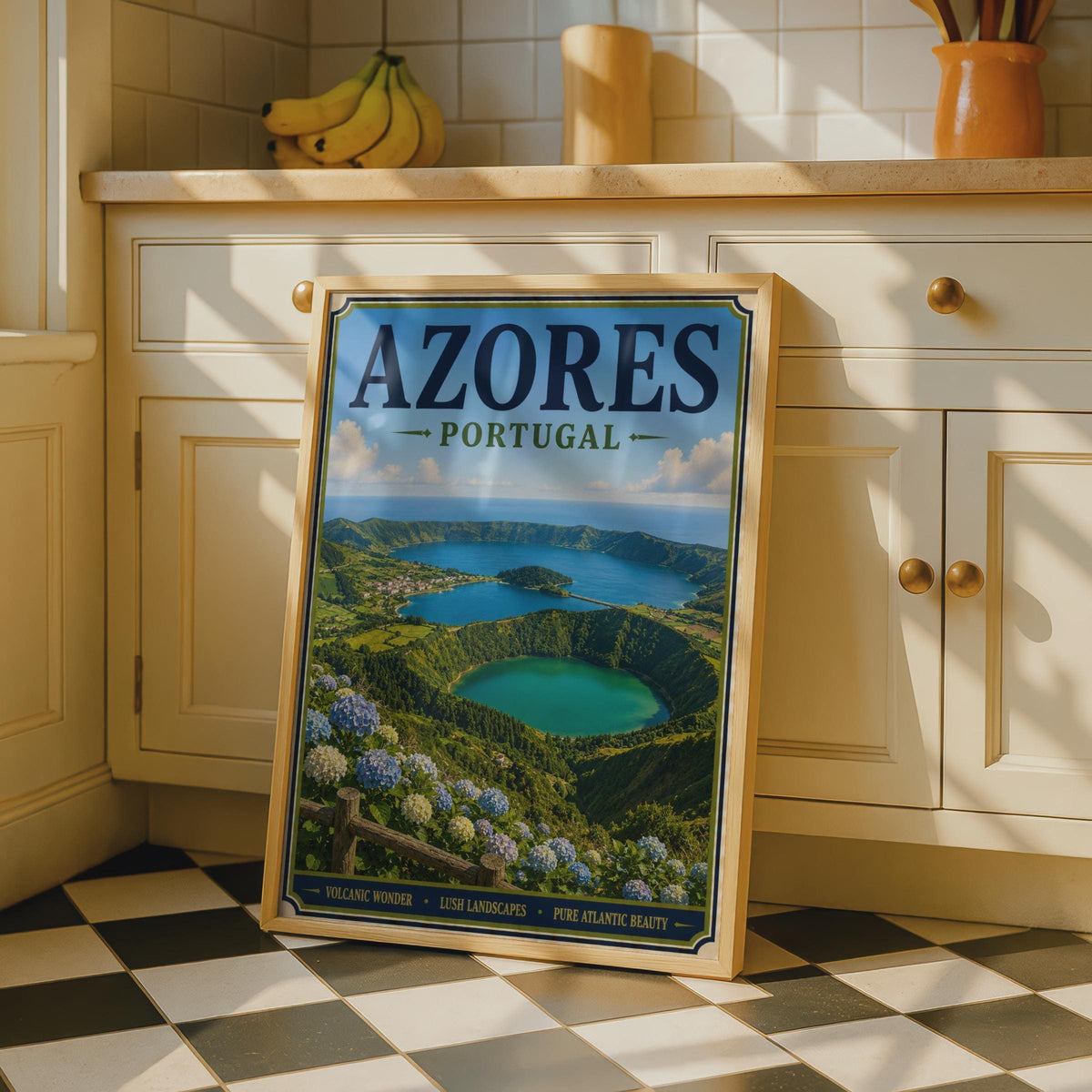 Azores Portugal Travel Poster, Sete Cidades Crater Lake, Vintage Style Wall Art