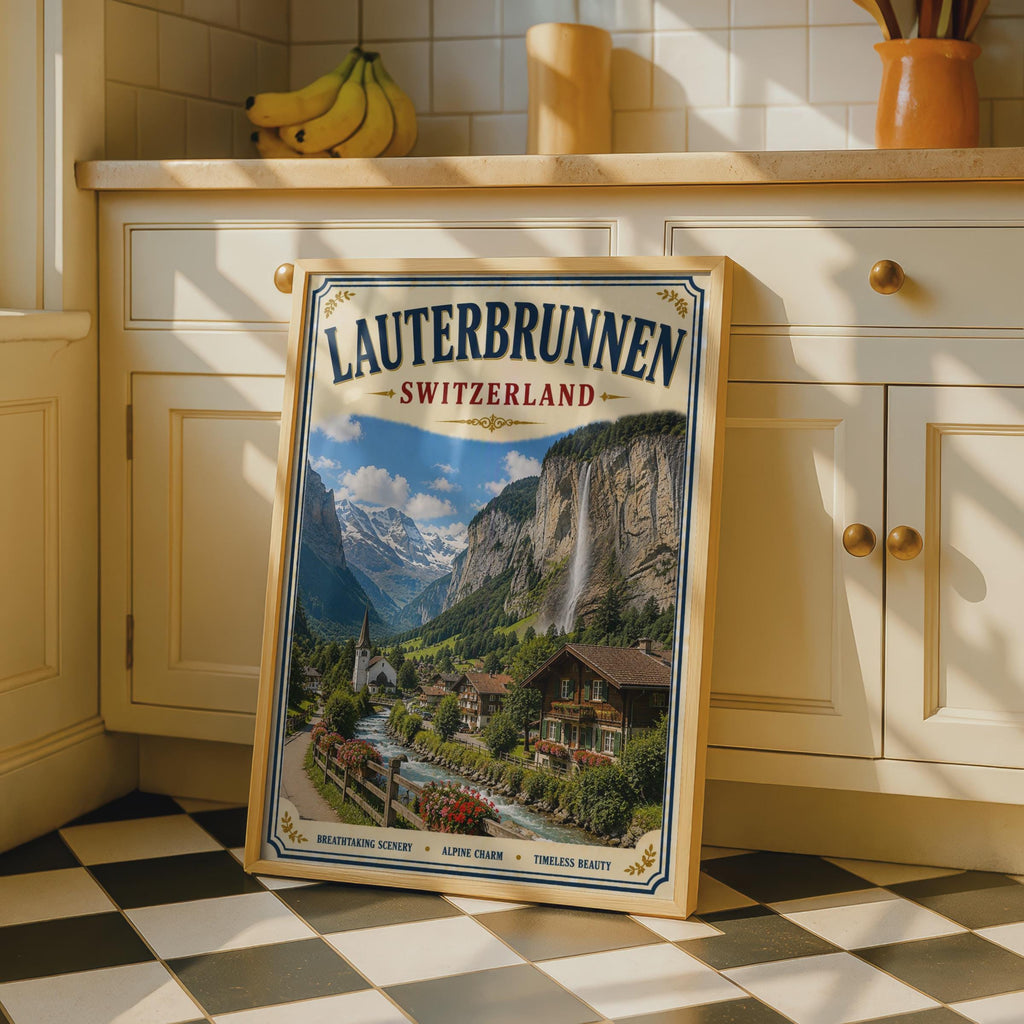 Lauterbrunnen Switzerland Vintage Travel Poster, Swiss Alps Waterfall Wall Art