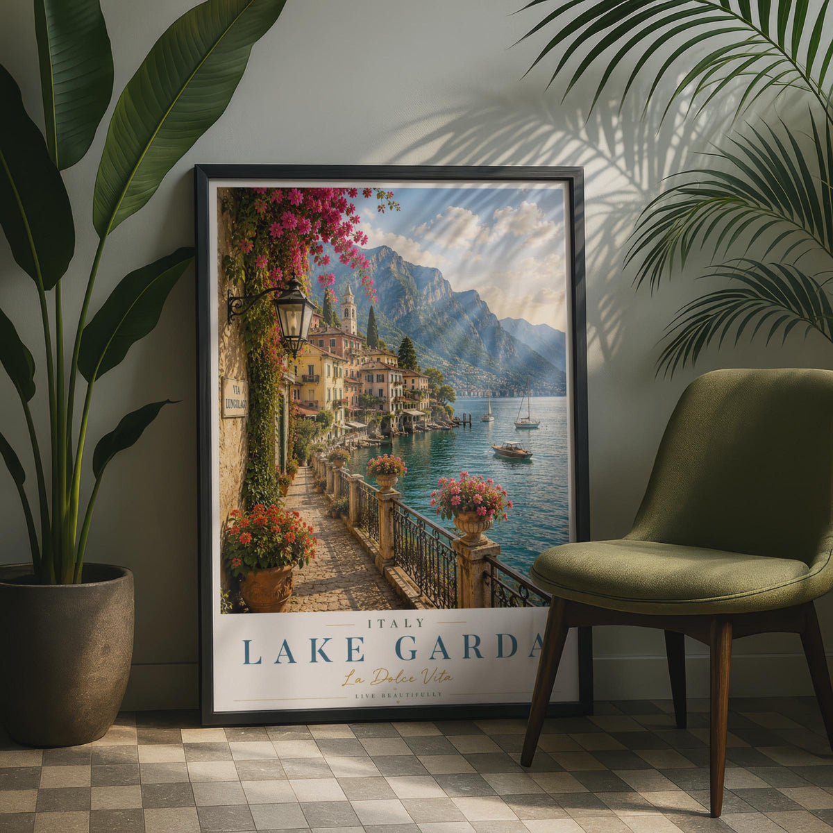 Lake Garda Italy Travel Poster, Italian Lake District Wall Art, La Dolce Vita