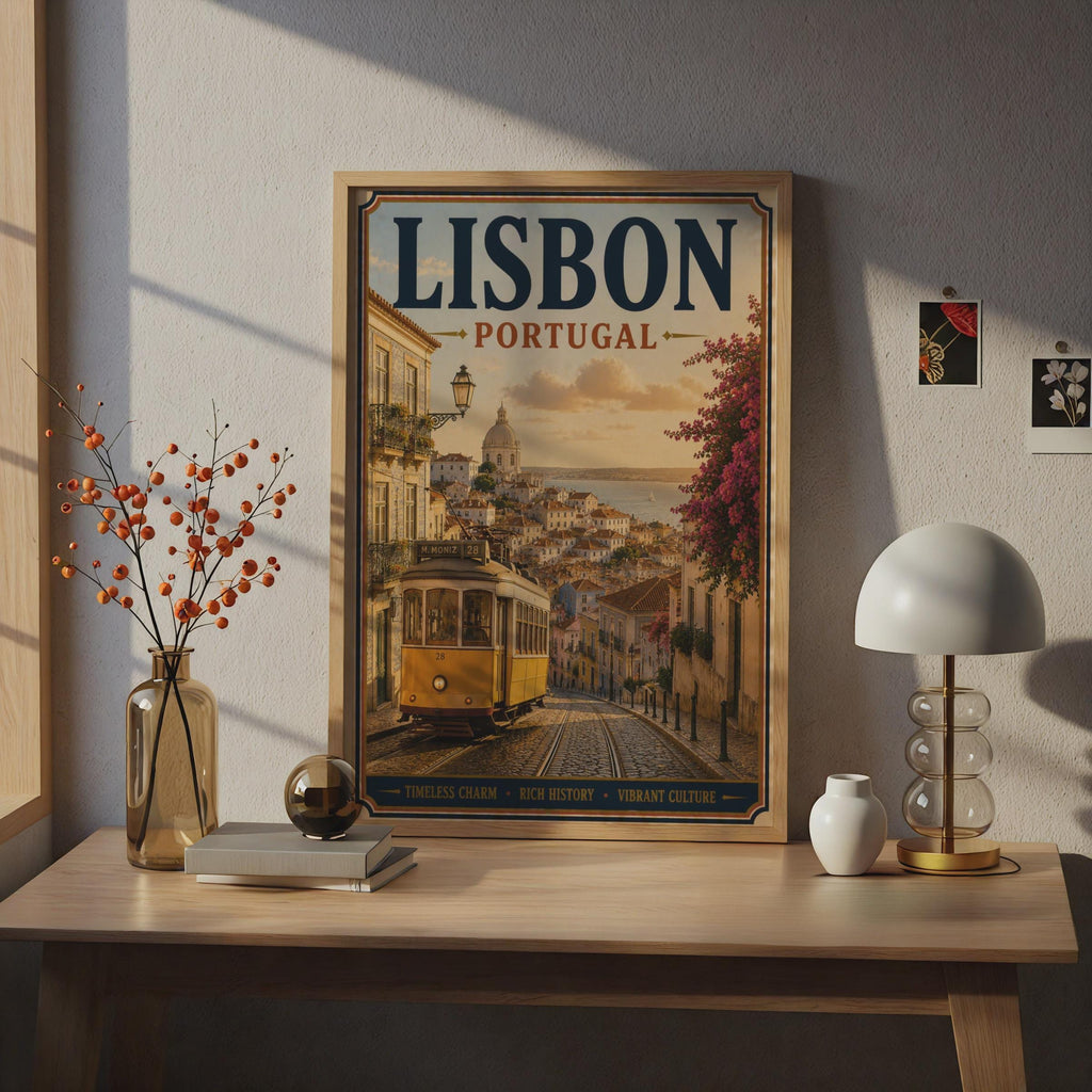 Lisbon Portugal Travel Poster, Vintage Tram 28 Wall Art, Retro City Print