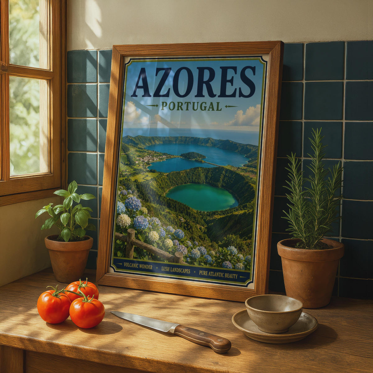 Azores Portugal Travel Poster, Sete Cidades Crater Lake, Vintage Style Wall Art