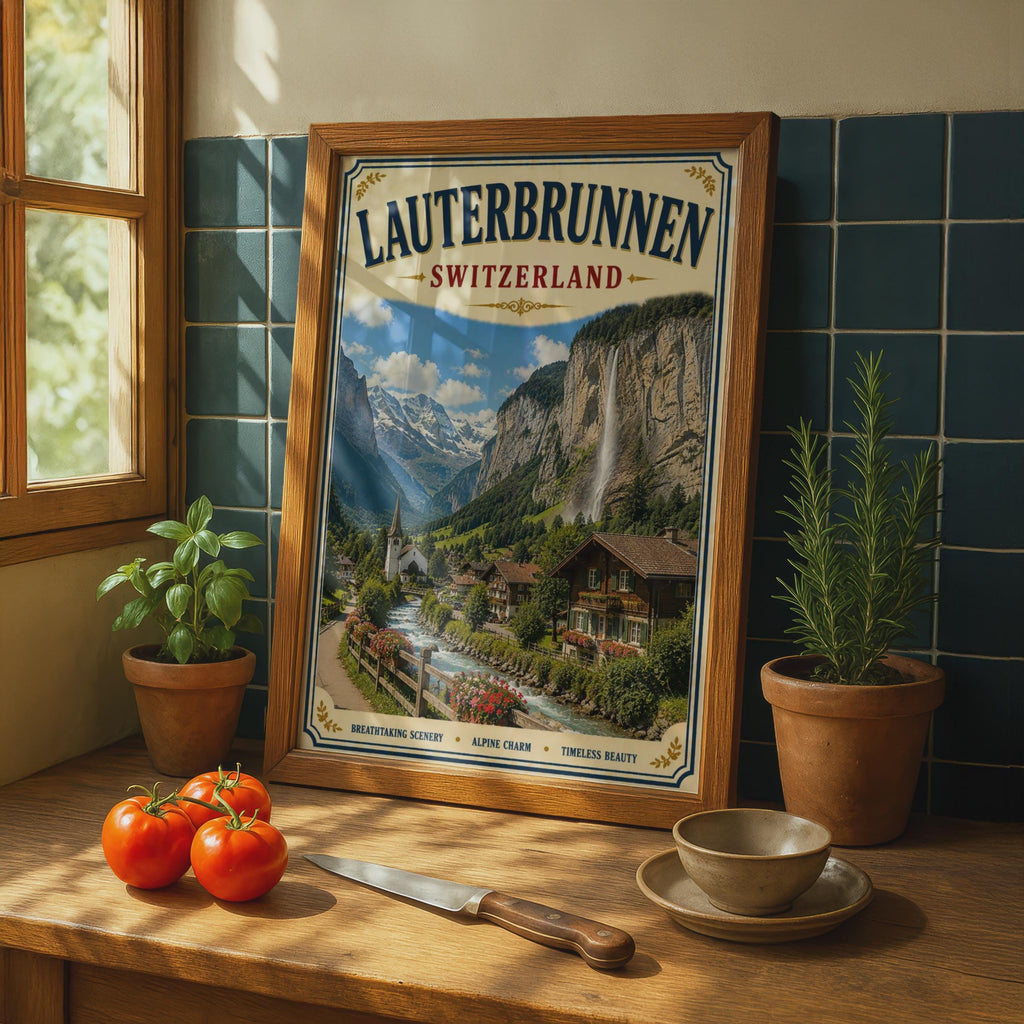 Lauterbrunnen Switzerland Vintage Travel Poster, Swiss Alps Waterfall Wall Art
