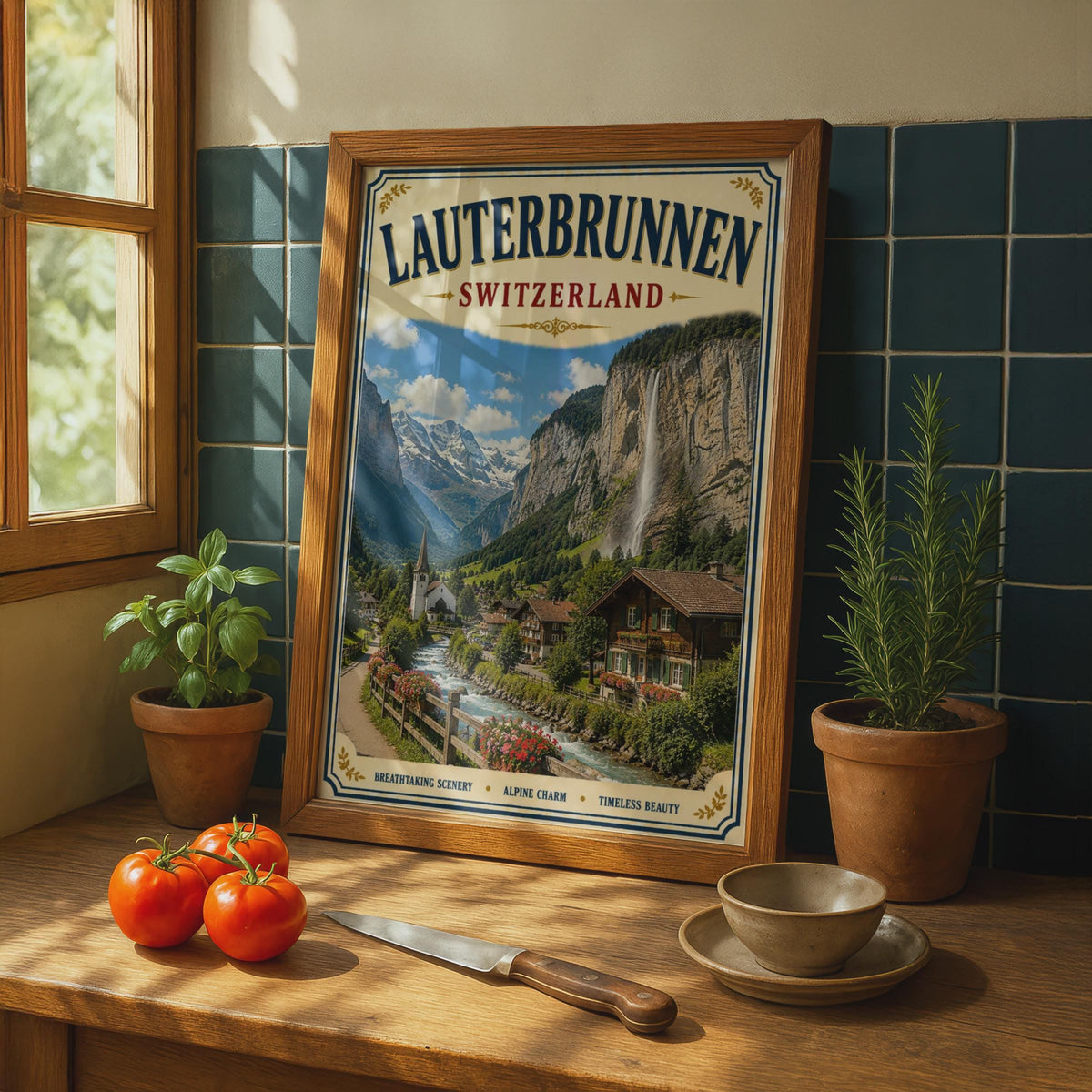 Lauterbrunnen Switzerland Vintage Travel Poster, Swiss Alps Waterfall Wall Art