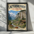 Lauterbrunnen Switzerland Vintage Travel Poster, Swiss Alps Waterfall Wall Art