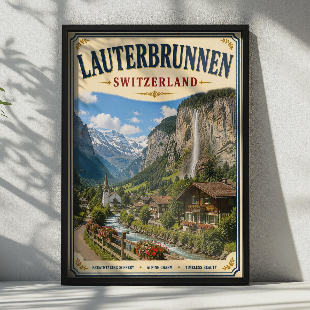 Lauterbrunnen Switzerland Vintage Travel Poster, Swiss Alps Waterfall Wall Art