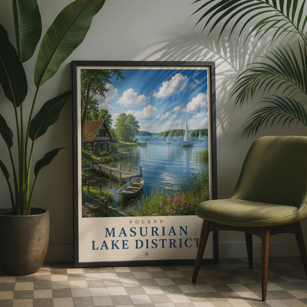 Masurian Lake District Poland Travel Poster, Sailing Lake Wall Art, Vintage Style