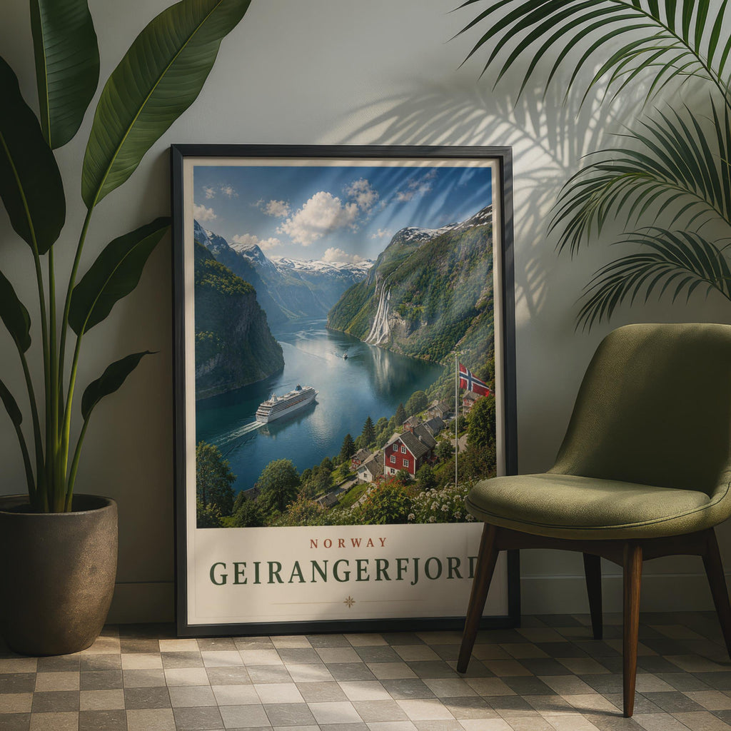 Geirangerfjord Norway Travel Poster, Norwegian Fjord Wall Art, Cruise Ship Print