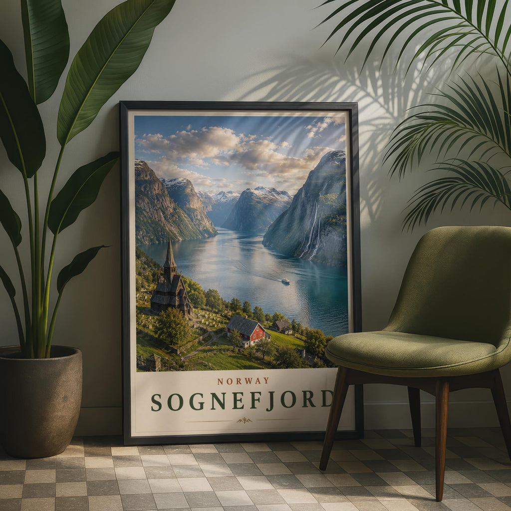 Sognefjord Norway Travel Poster, Norwegian Fjord Wall Art, Scandinavian Print, Nordic Decor