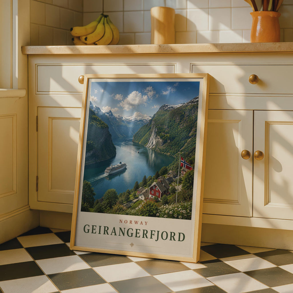 Geirangerfjord Norway Travel Poster, Norwegian Fjord Wall Art, Cruise Ship Print