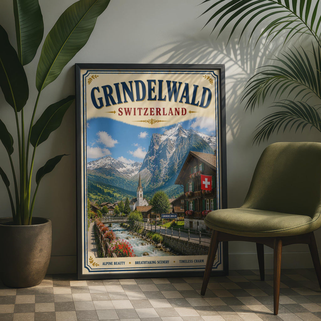 Grindelwald Switzerland Vintage Travel Poster, Swiss Alps Wall Art, Alpine Village Print