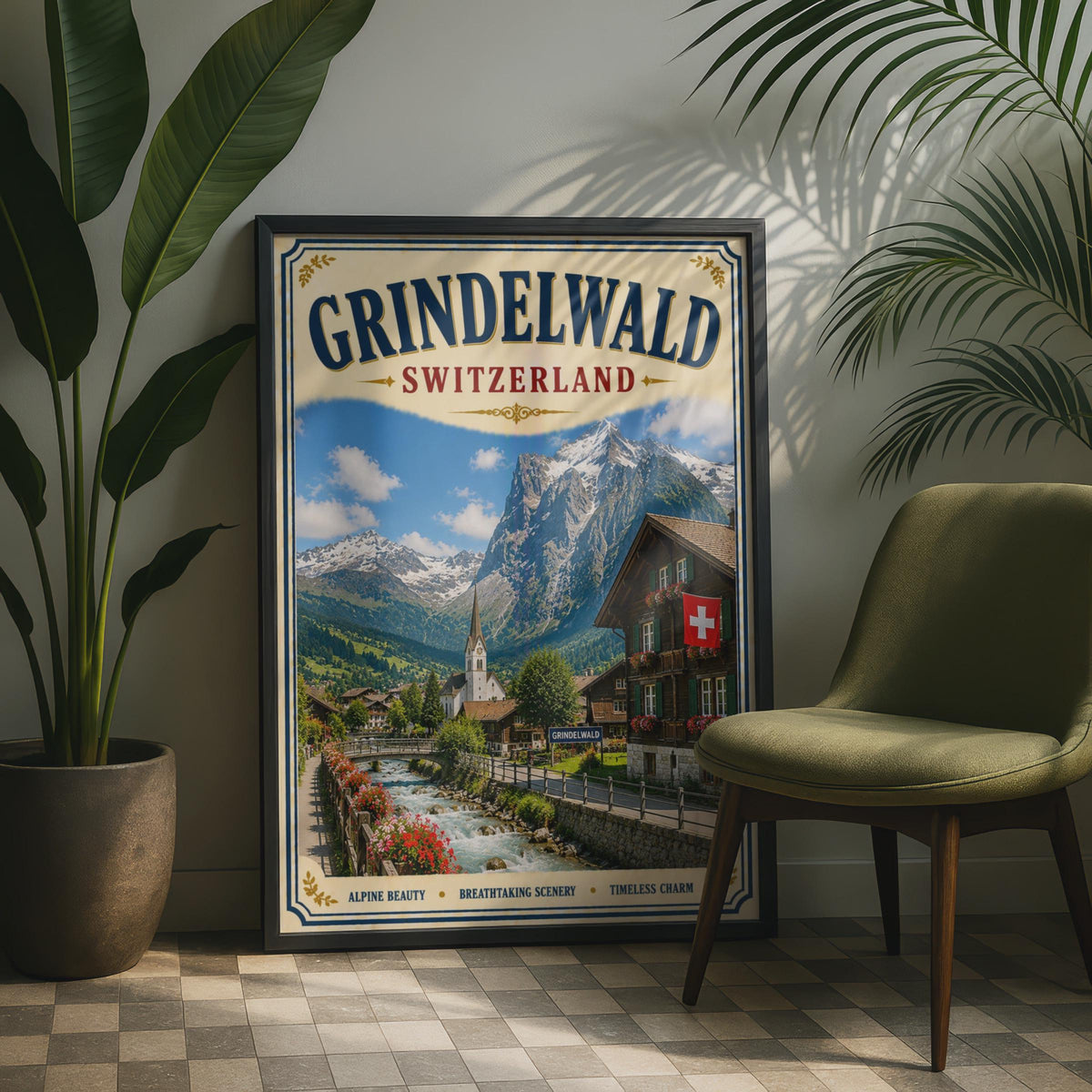 Grindelwald Switzerland Vintage Travel Poster, Swiss Alps Wall Art, Alpine Village Print