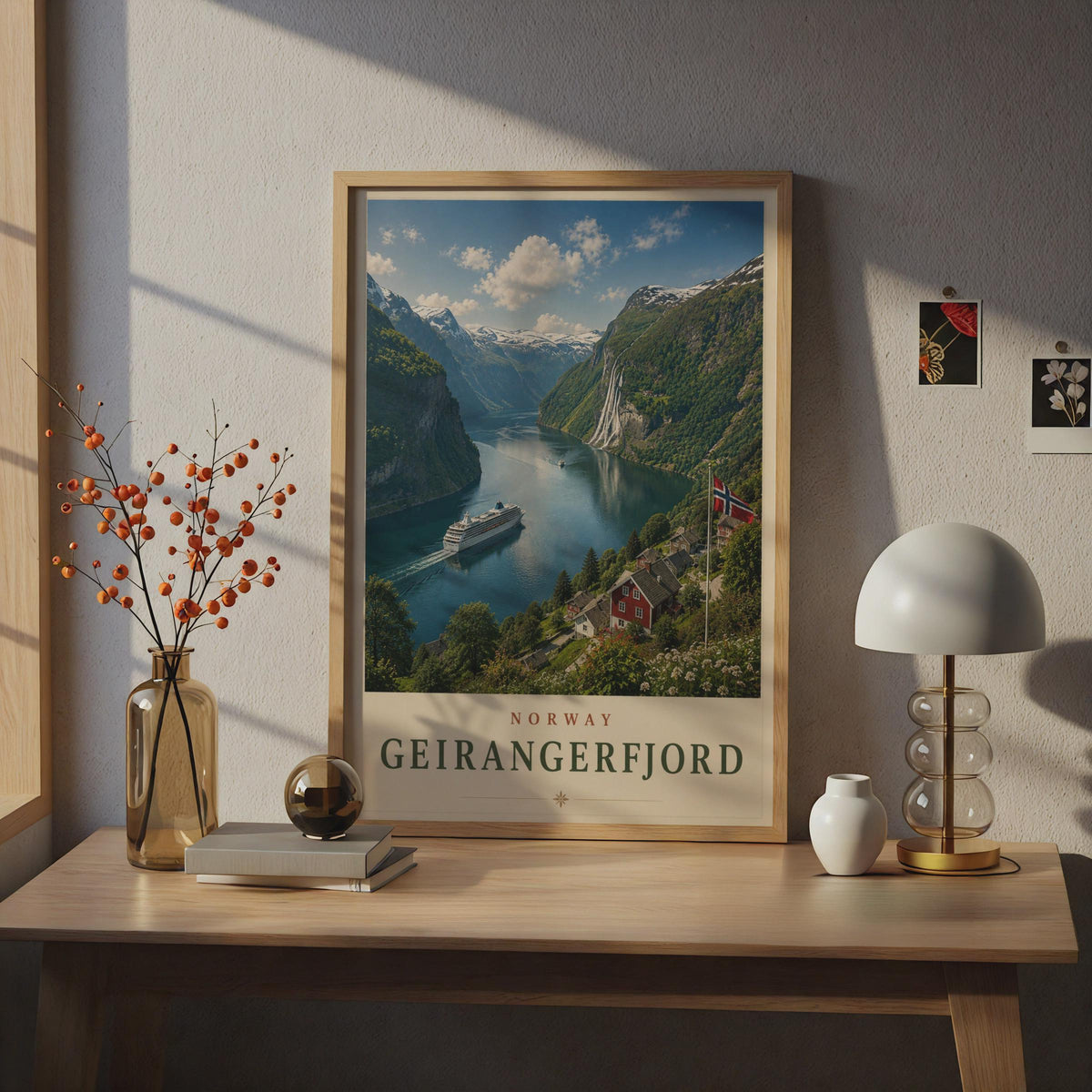 Geirangerfjord Norway Travel Poster, Norwegian Fjord Wall Art, Cruise Ship Print