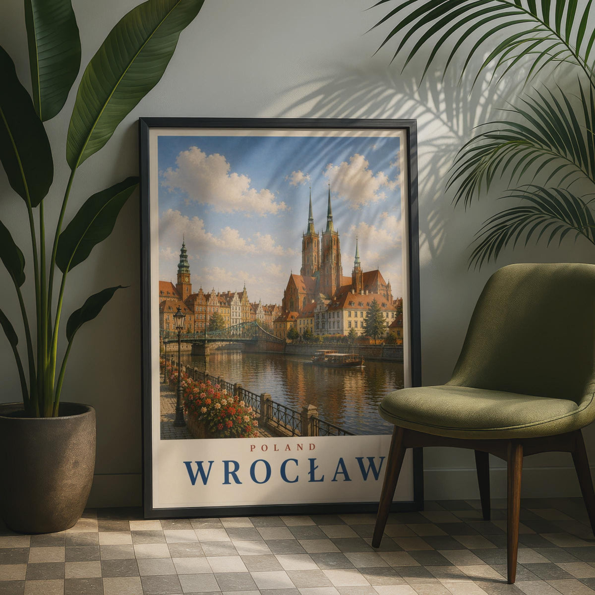 Wrocław Poland Travel Poster, Vintage Style City Wall Art, Odra River Cathedral Print