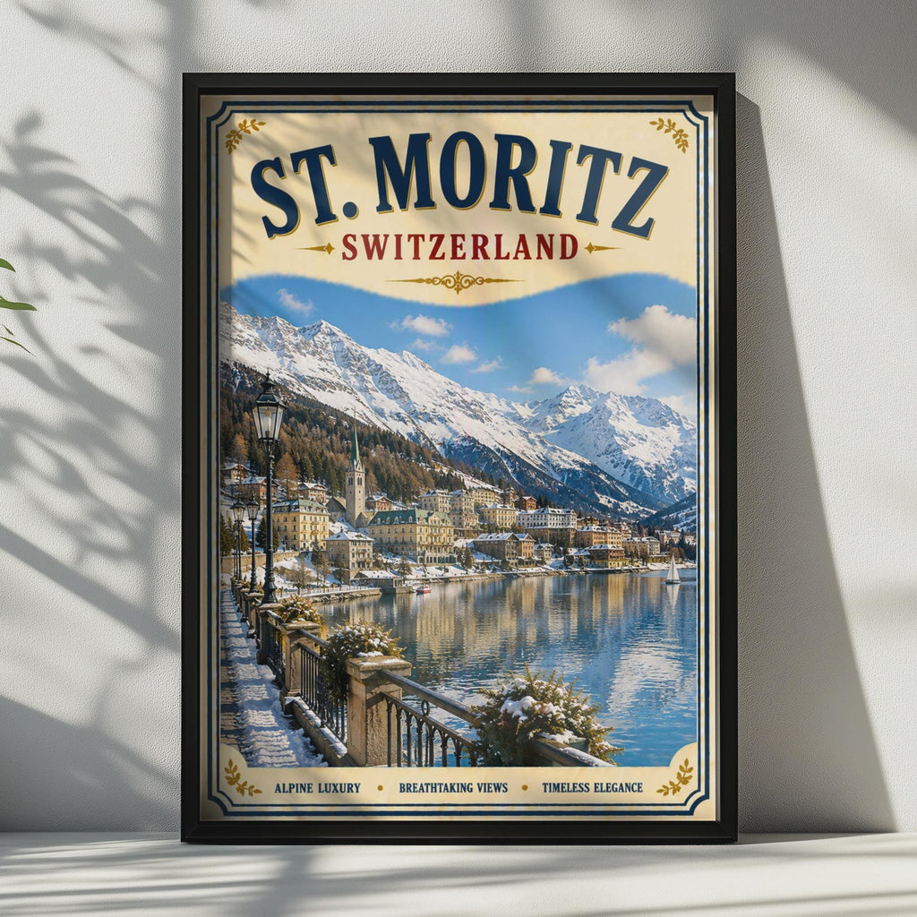 St. Moritz Switzerland Vintage Travel Poster, Swiss Alps Winter Wall Art