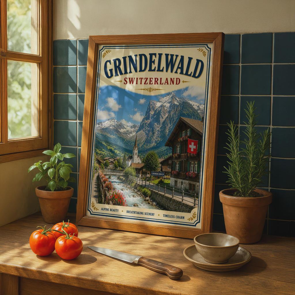 Grindelwald Switzerland Vintage Travel Poster, Swiss Alps Wall Art, Alpine Village Print