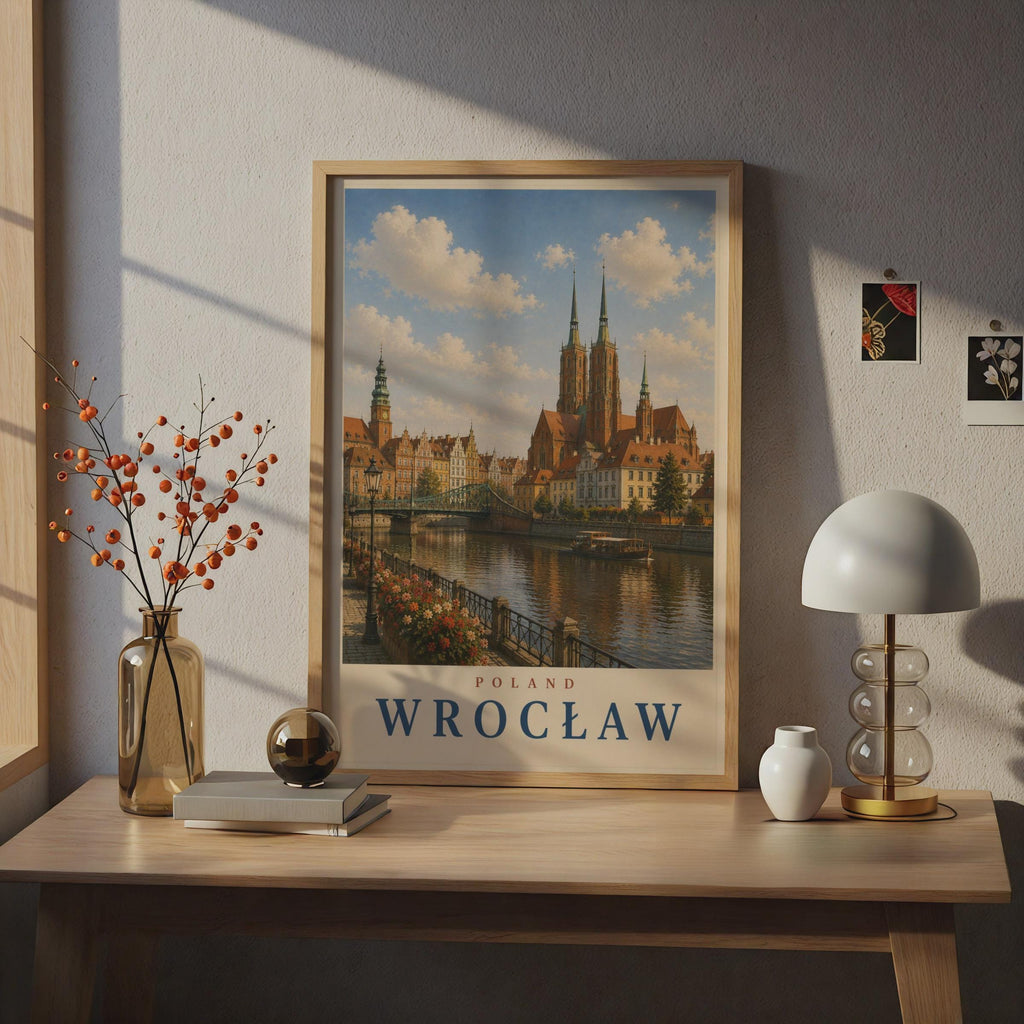 Wrocław Poland Travel Poster, Vintage Style City Wall Art, Odra River Cathedral Print