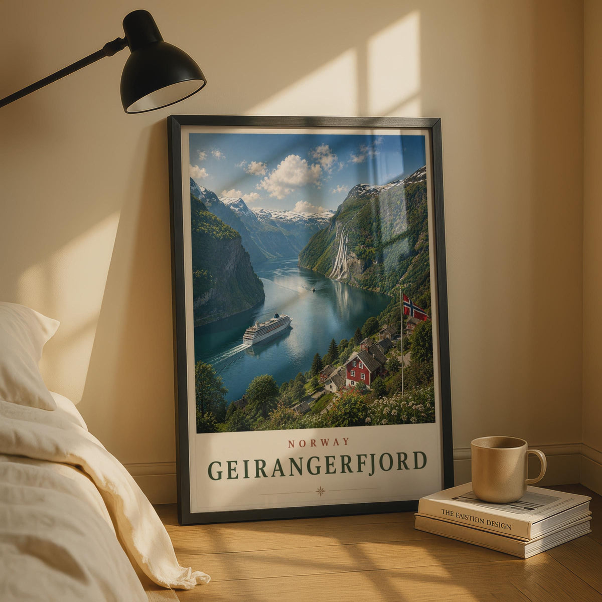 Geirangerfjord Norway Travel Poster, Norwegian Fjord Wall Art, Cruise Ship Print