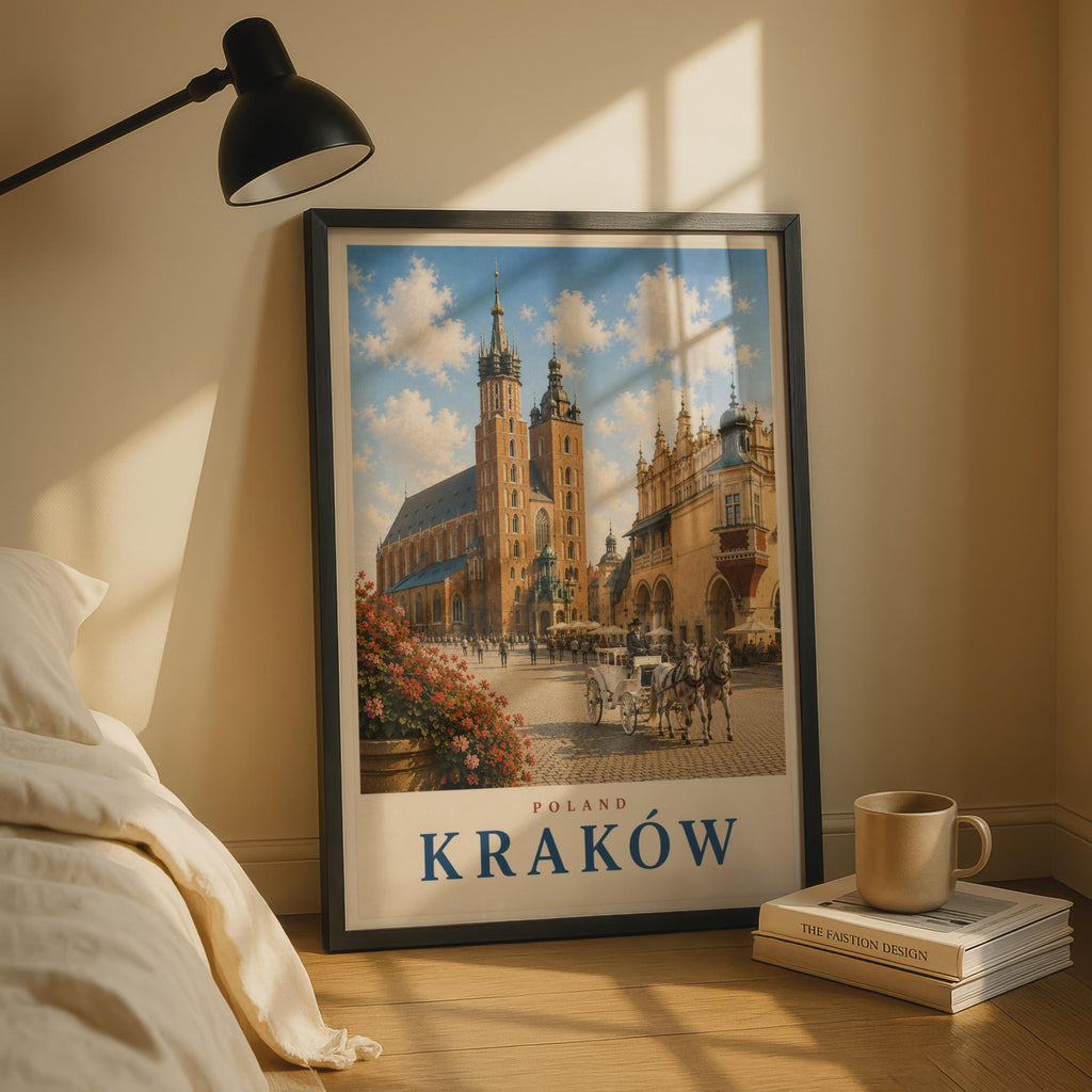 Krakow Poland Travel Poster, St Mary's Basilica Wall Art, Vintage Style Polish City Print