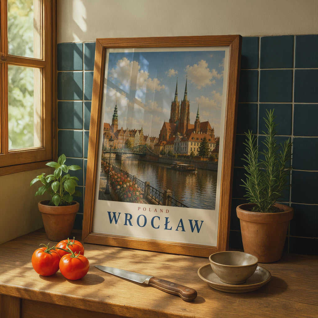 Wrocław Poland Travel Poster, Vintage Style City Wall Art, Odra River Cathedral Print