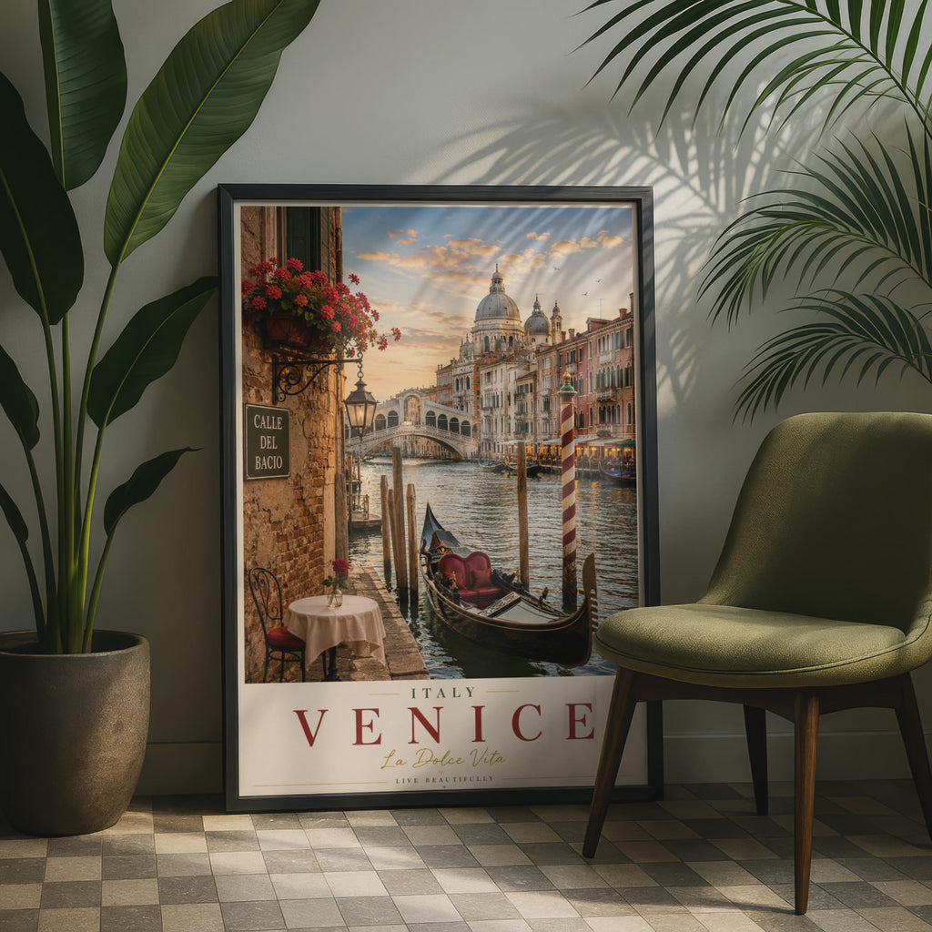 Venice Italy Travel Poster, Grand Canal Gondola Wall Art, La Dolce Vita Italian Print