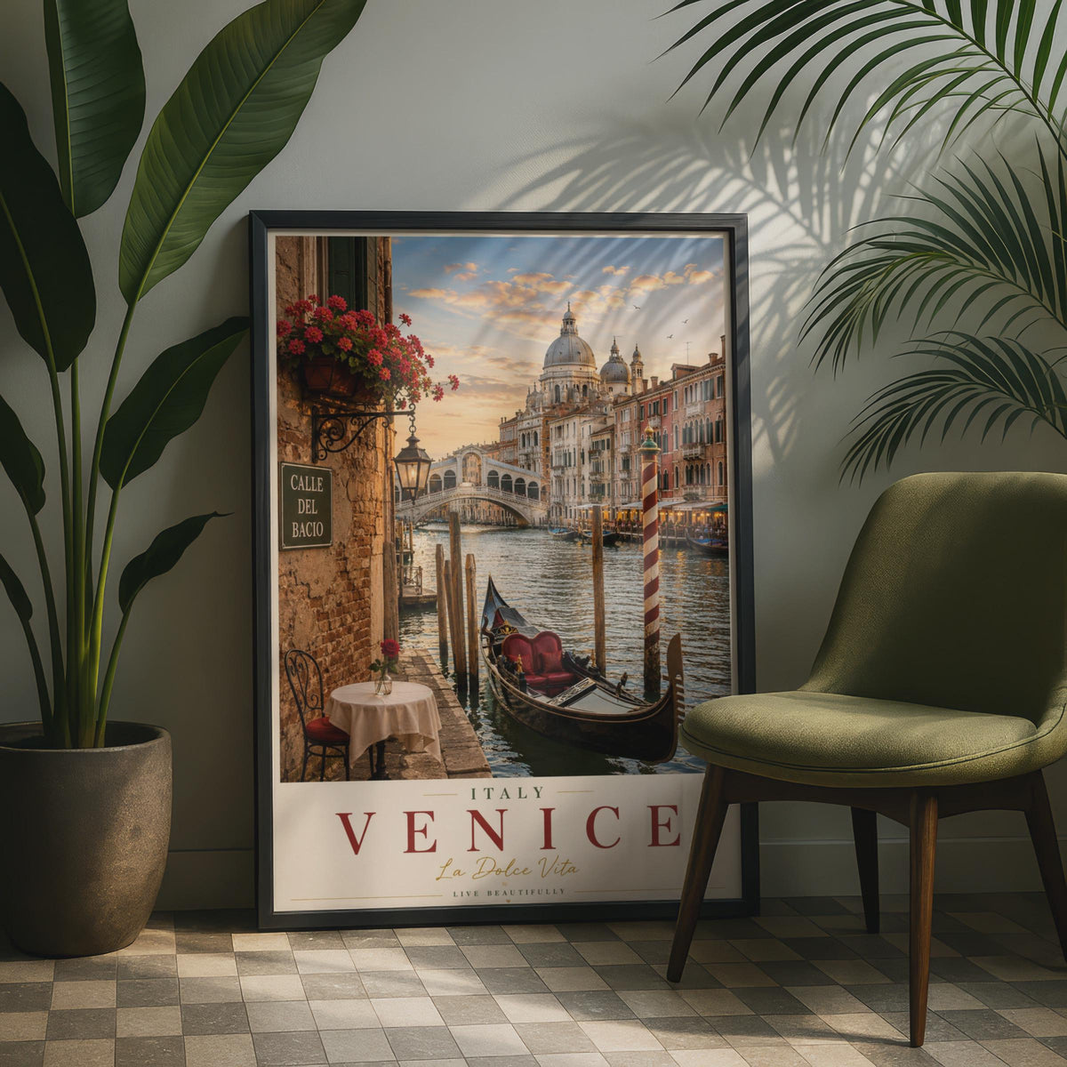 Venice Italy Travel Poster, Grand Canal Gondola Wall Art, La Dolce Vita Italian Print