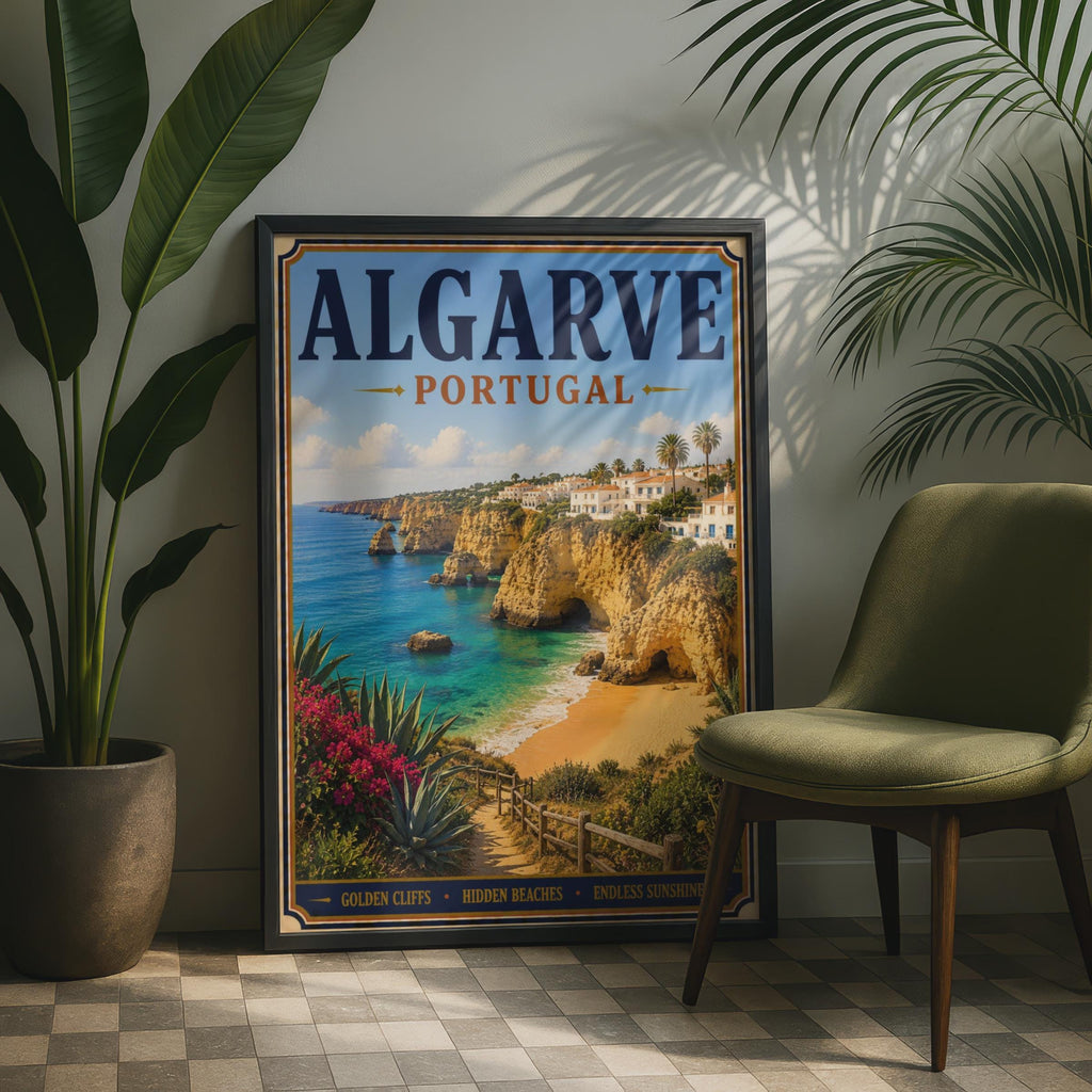 Algarve Portugal Travel Poster, Vintage Coastal Wall Art, Golden Cliffs Beach Print