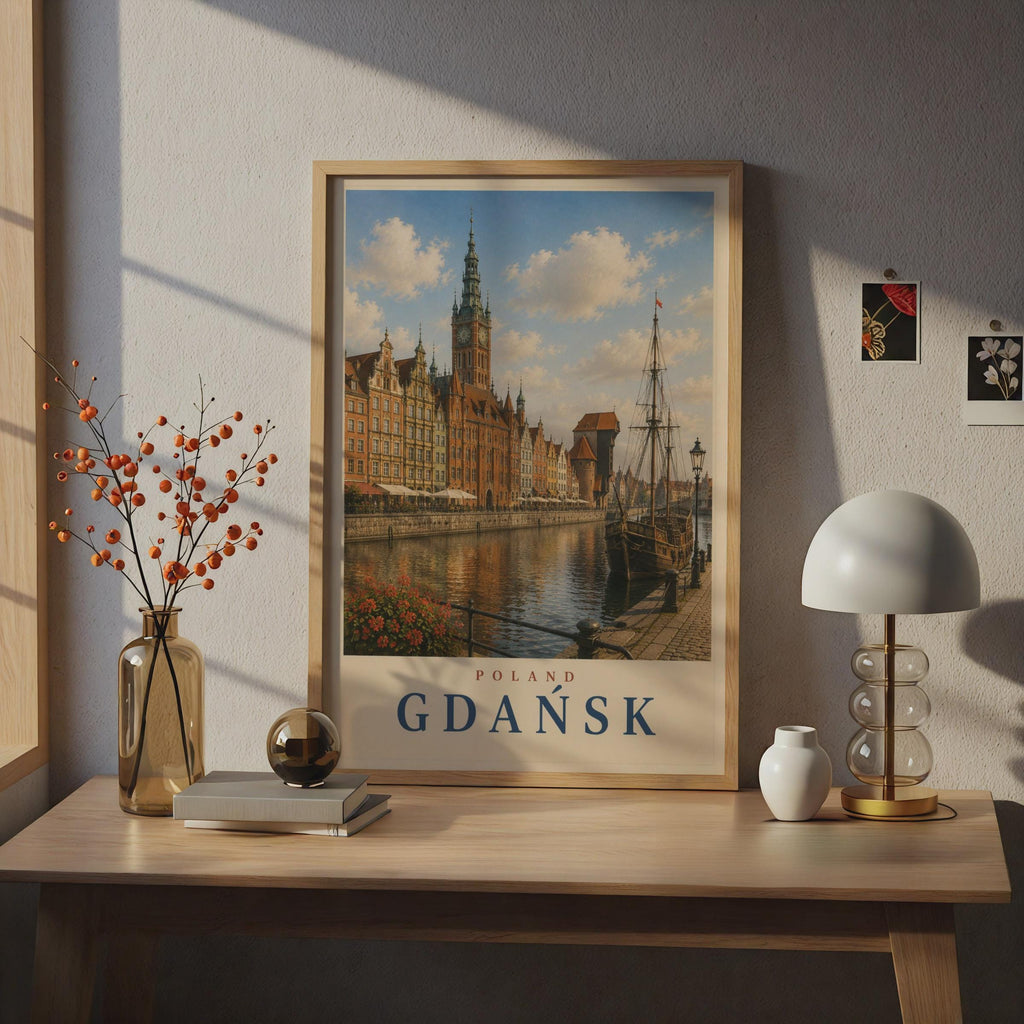 Gdansk Poland Travel Poster, Vintage Style Motlawa River Wall Art, Polish City