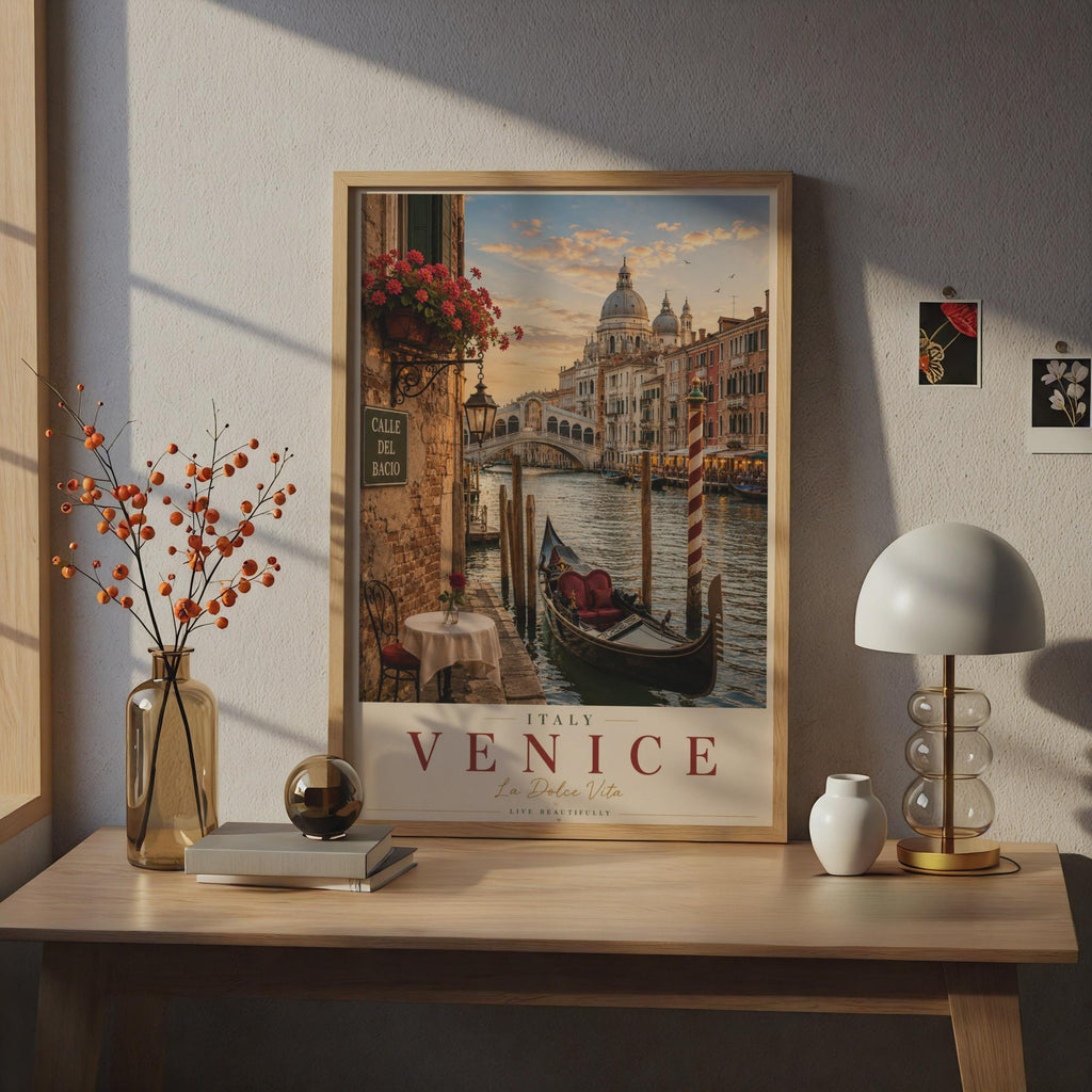 Venice Italy Travel Poster, Grand Canal Gondola Wall Art, La Dolce Vita Italian Print