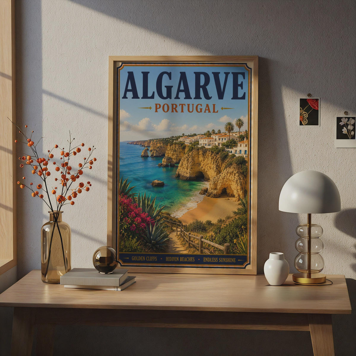 Algarve Portugal Travel Poster, Vintage Coastal Wall Art, Golden Cliffs Beach Print