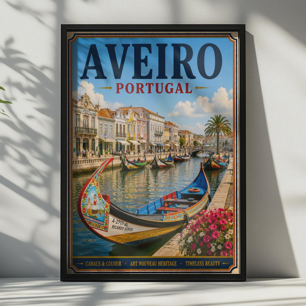 Aveiro Portugal Travel Poster, Moliceiro Canal Boat, Vintage Style Portuguese Wall Art