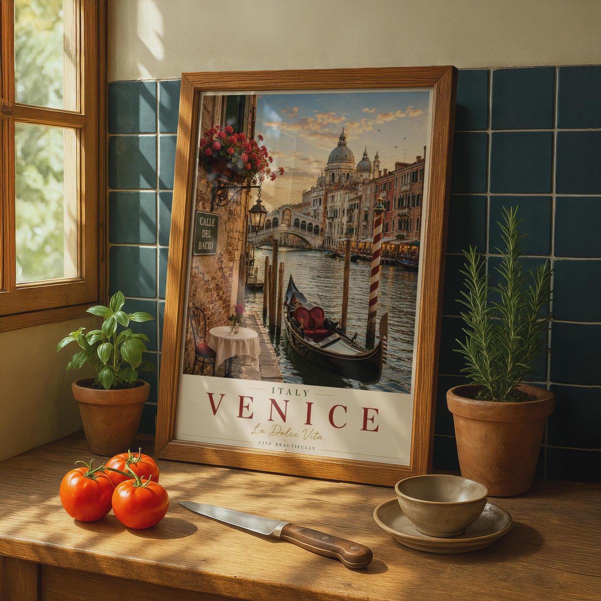 Venice Italy Travel Poster, Grand Canal Gondola Wall Art, La Dolce Vita Italian Print