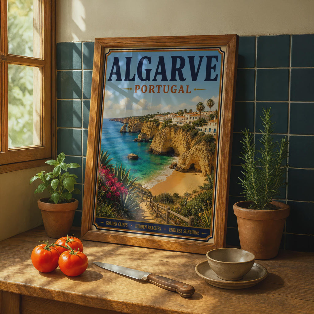 Algarve Portugal Travel Poster, Vintage Coastal Wall Art, Golden Cliffs Beach Print