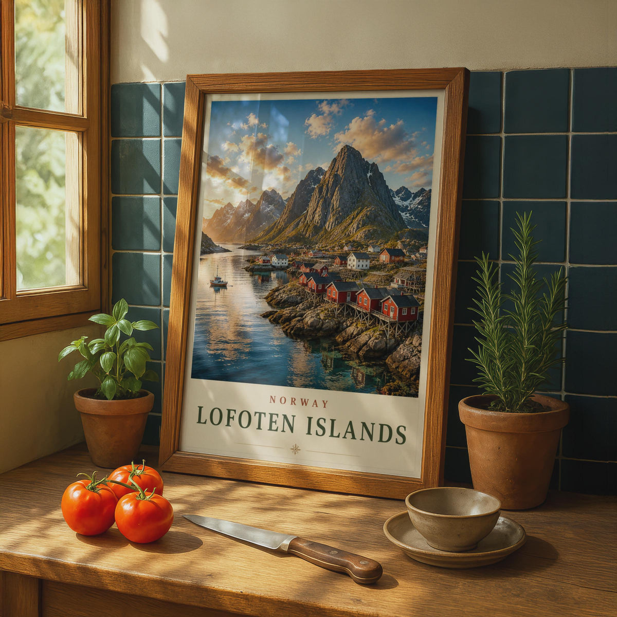 Lofoten Islands Norway Travel Poster, Reine Fishing Village Wall Art Print