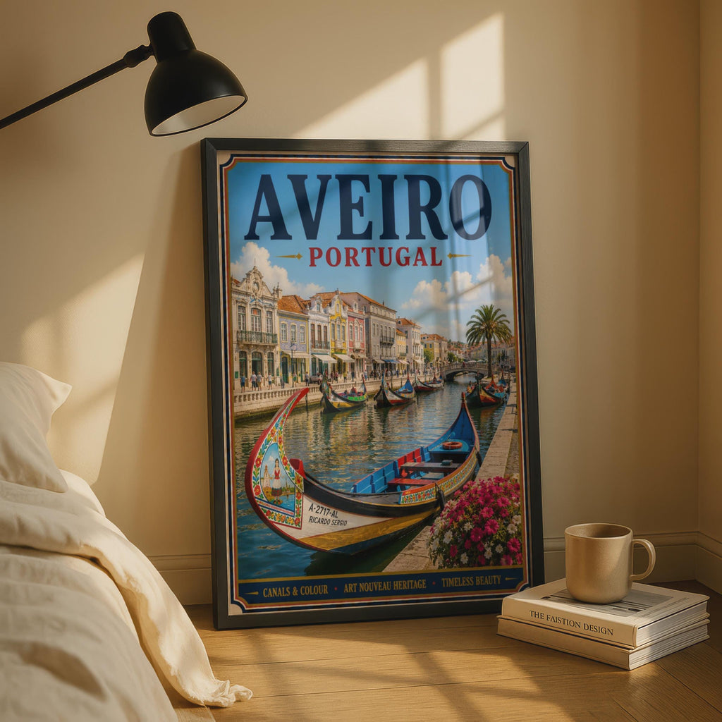 Aveiro Portugal Travel Poster, Moliceiro Canal Boat, Vintage Style Portuguese Wall Art