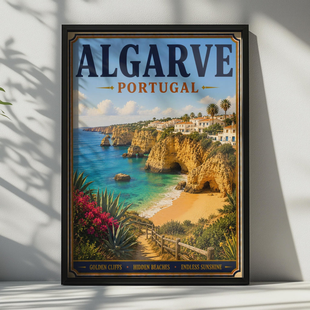 Algarve Portugal Travel Poster, Vintage Coastal Wall Art, Golden Cliffs Beach Print