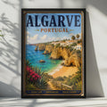 Algarve Portugal Travel Poster, Vintage Coastal Wall Art, Golden Cliffs Beach Print