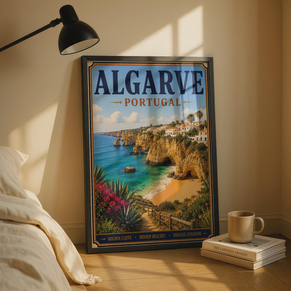 Algarve Portugal Travel Poster, Vintage Coastal Wall Art, Golden Cliffs Beach Print