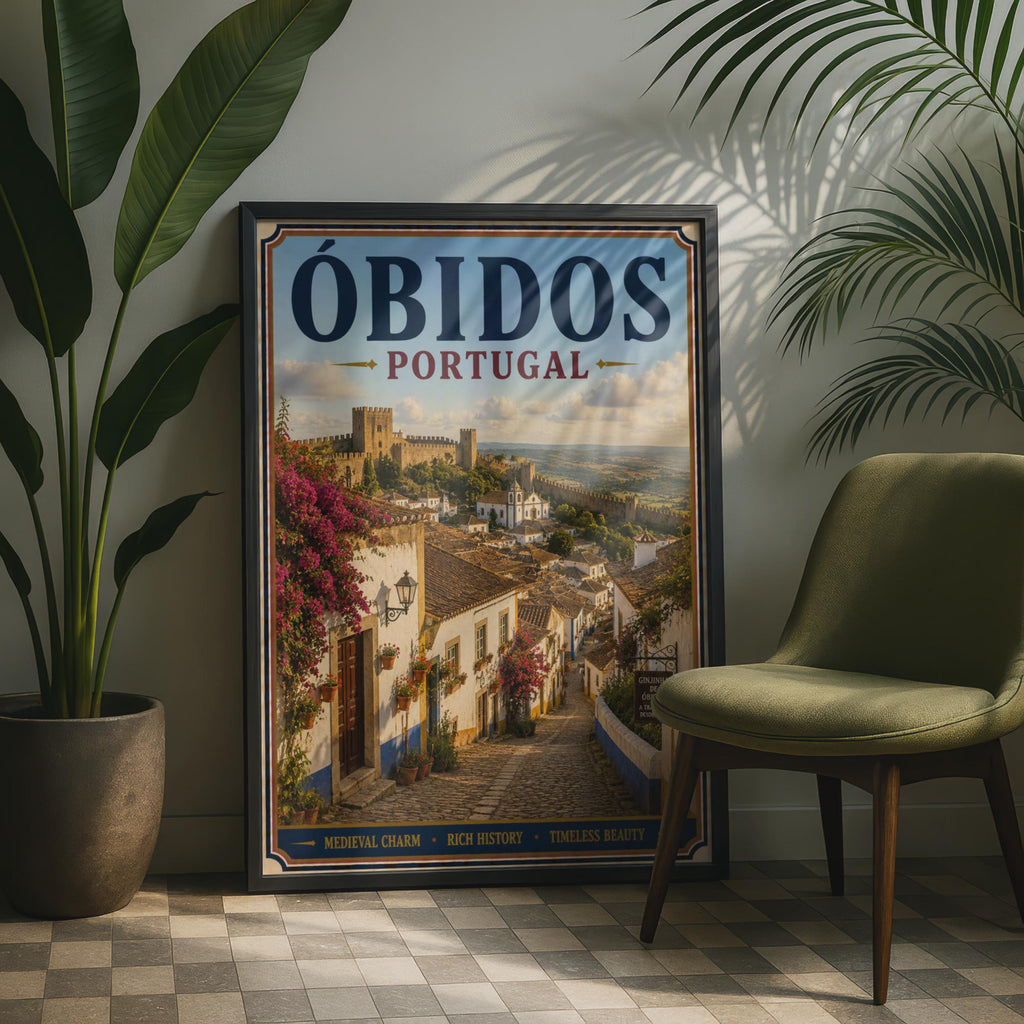 Obidos Portugal Travel Poster, Medieval Castle Village Wall Art, Vintage Style Portuguese