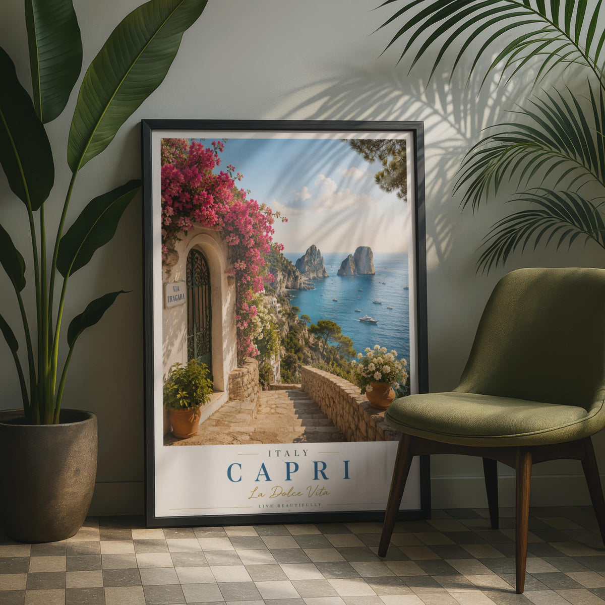 Capri Italy Travel Poster, Via Tragara Faraglioni Rocks, La Dolce Vita Italian Wall Art