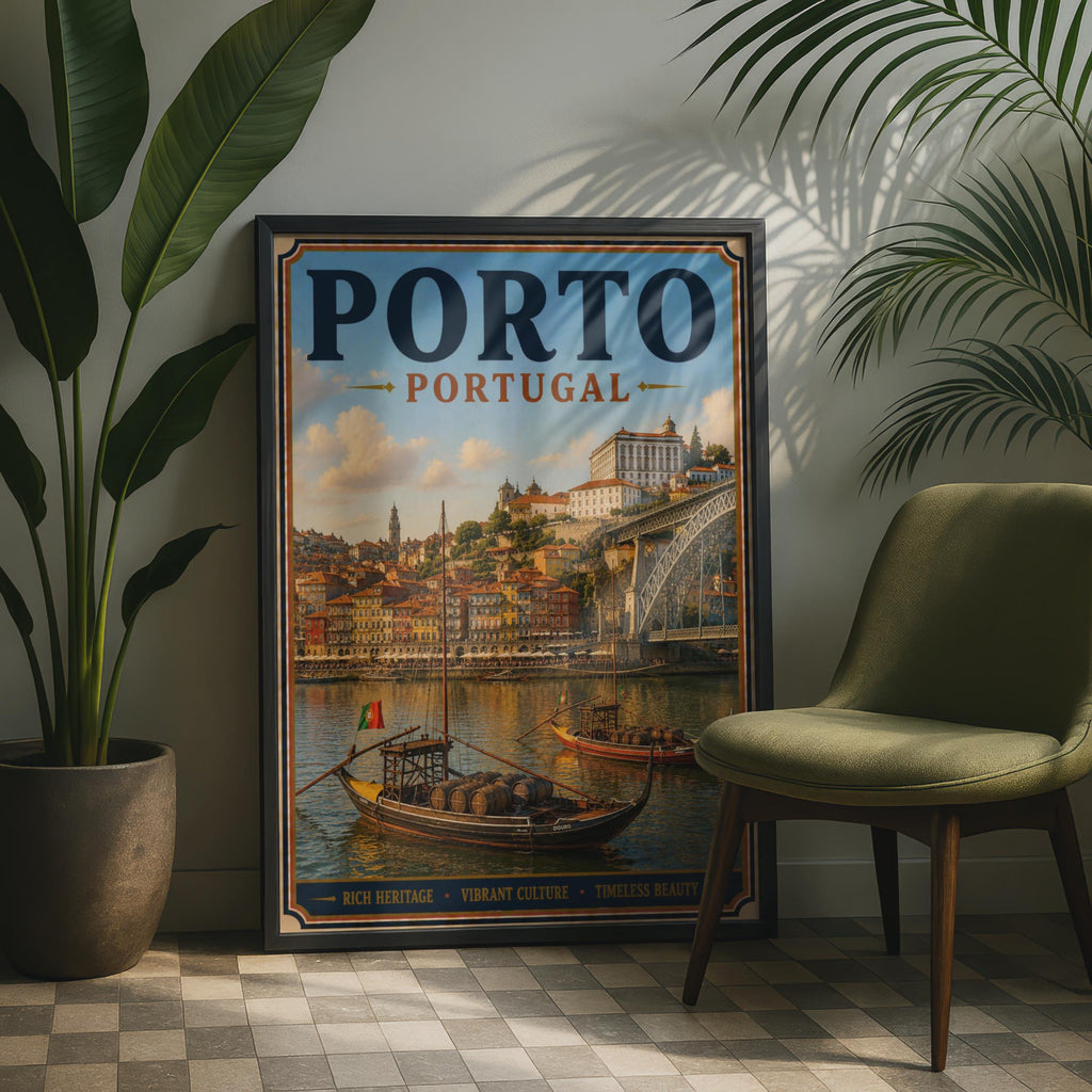 Porto Portugal Travel Poster, Vintage Douro River Rabelo Boats Wall Art Print