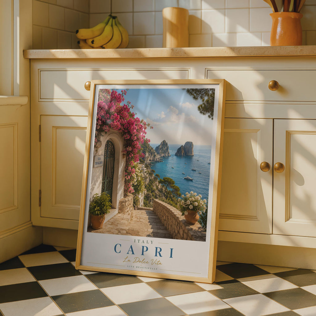 Capri Italy Travel Poster, Via Tragara Faraglioni Rocks, La Dolce Vita Italian Wall Art