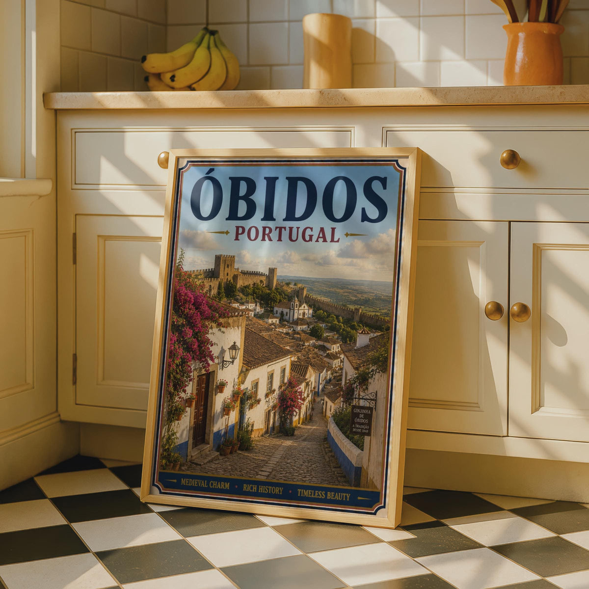 Obidos Portugal Travel Poster, Medieval Castle Village Wall Art, Vintage Style Portuguese
