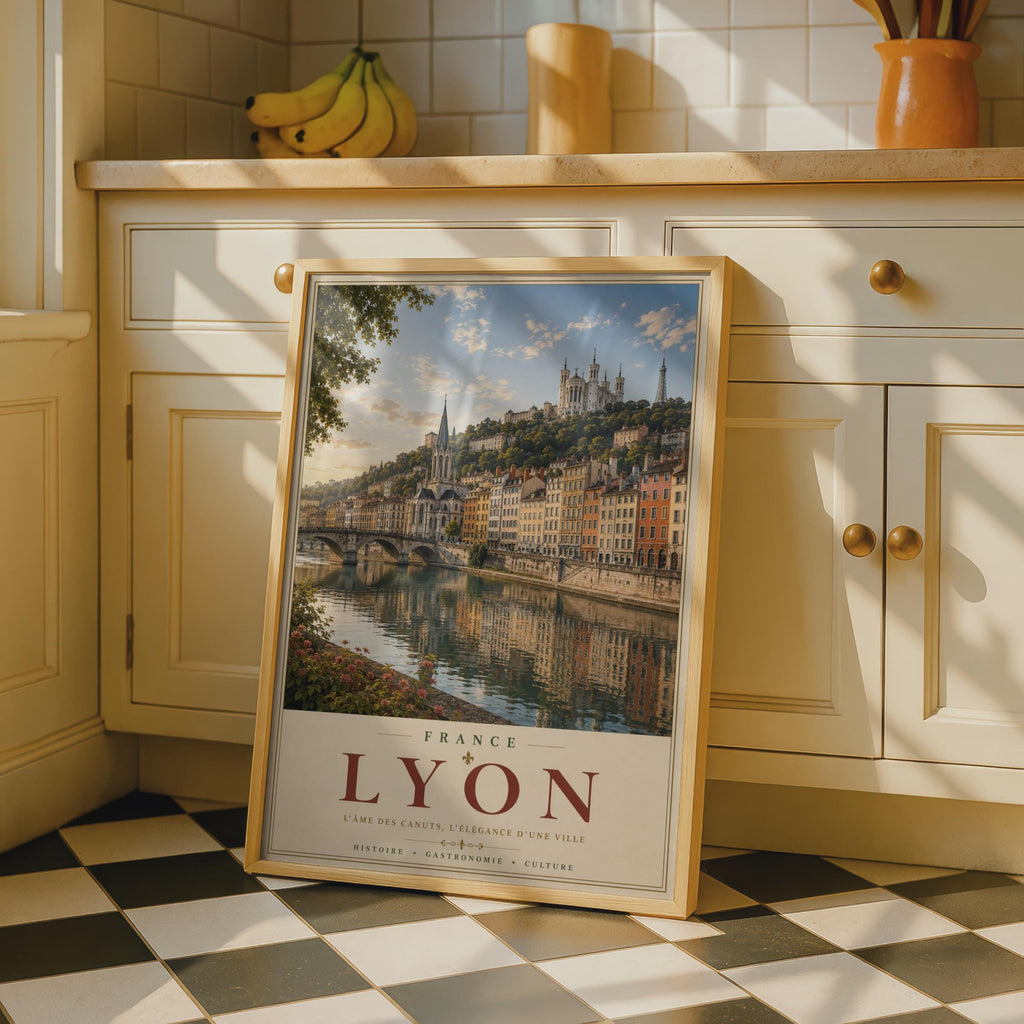 Lyon France Travel Poster, Saone River Skyline Wall Art, French City Print, Vintage Style